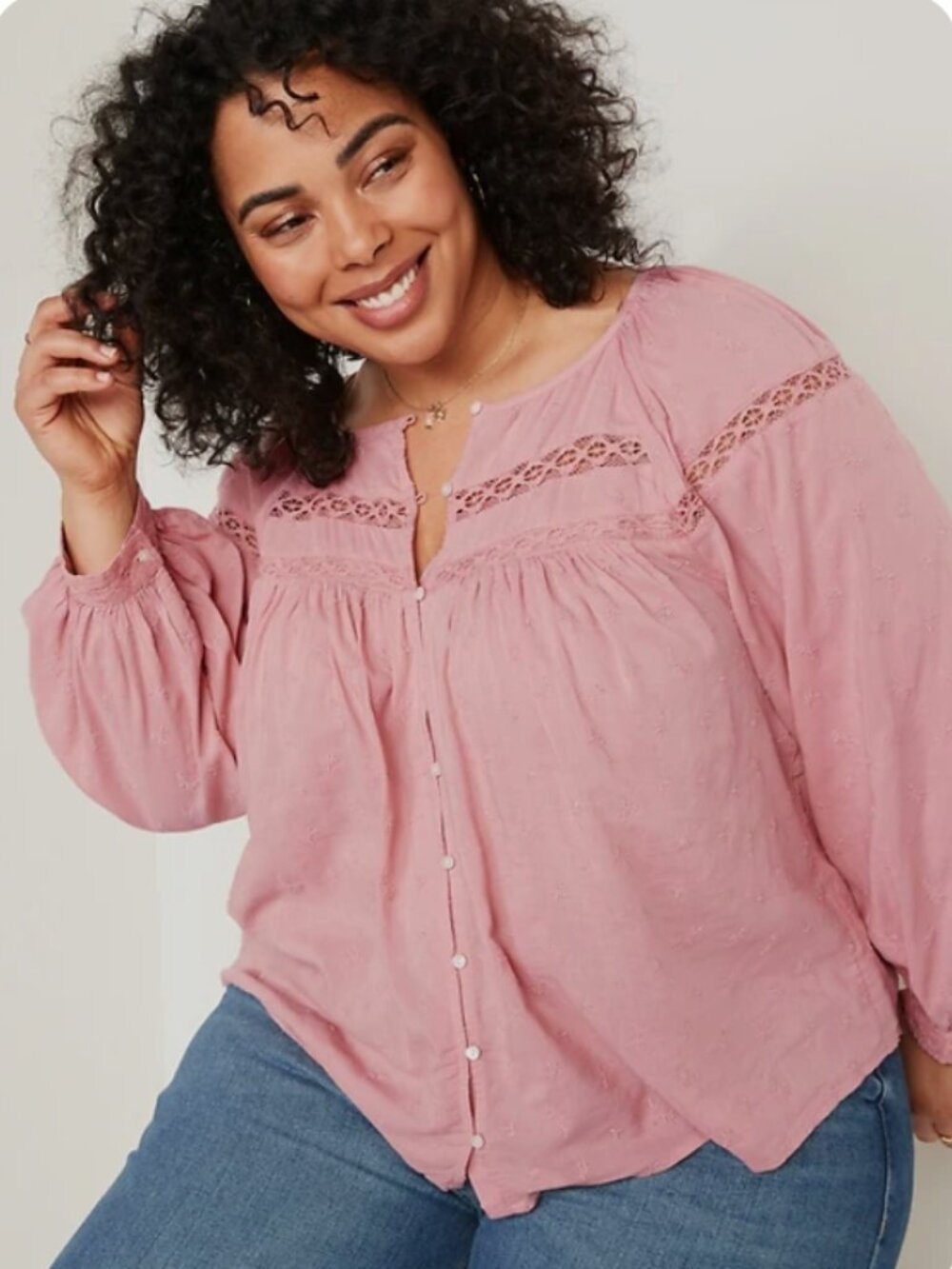 Old Navy Women's Button Front Long-Sleeve Embroidered Lace-Trimmed Blouse - 4X